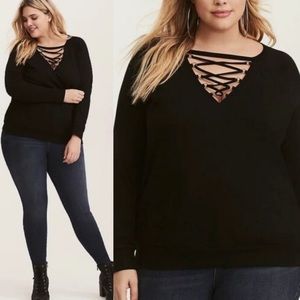Torrid Lace Up Long Sleeve Pullover Top Black Boho Casual Size 1X